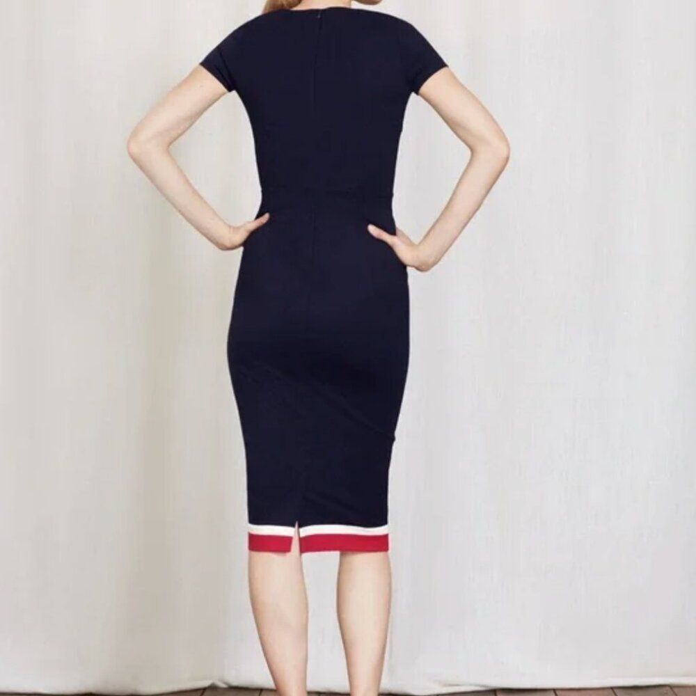 Boden Flora Ponte Navy Pink Midi V-Neckline Sheath Silhouette Size 4P - Picture 2 of 9